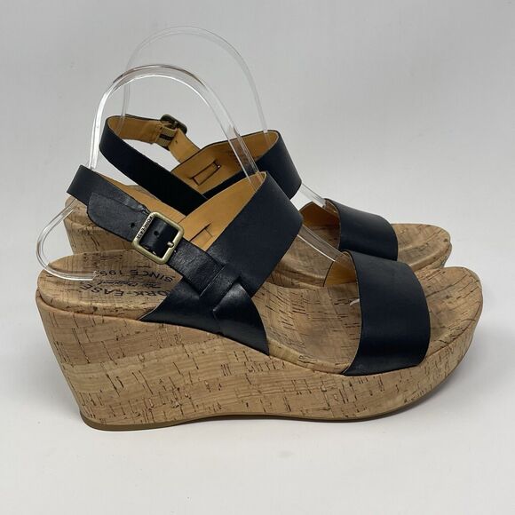 Kork Ease Austin Cork Wedge Sandals Womens 10 M Black Leather Ankle Strap Buckle - Picture 1 of 16